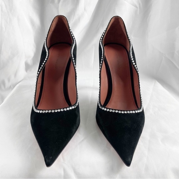 Amina Muaddi Romy Crystal Suede Leather Pointed Toe Pumps EU 38.5 US 8.5 Black - Picture 2 of 10